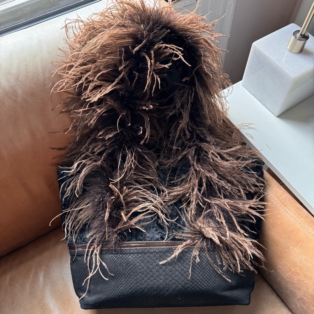 Ingrid Bruha leather fur feather leather suede black brown bag NYC Vintage - Picture 3 of 17